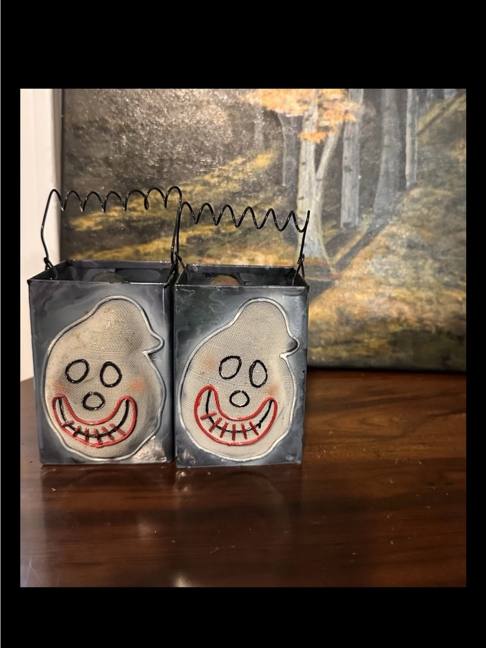 Vtg Halloween Candle Votive Lantern Metal Handled Spooky Cutouts Set of 2